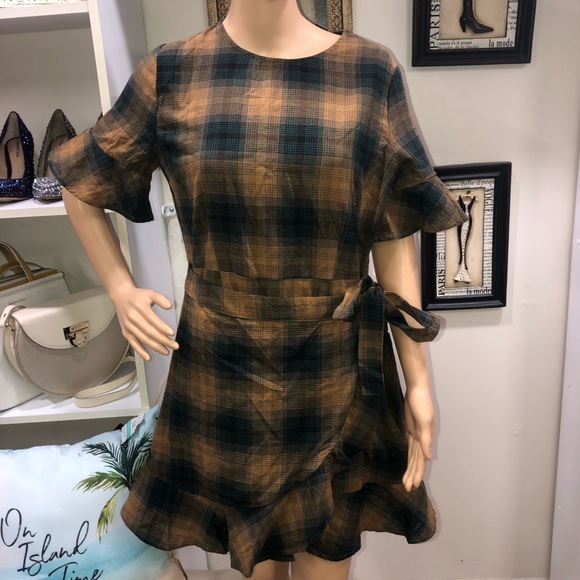 Day To Day Blu Pepper NWT! Darlah Green/Yellow Plaid Wrap Waist Tie Ruffle Dress - Picture 3 of 13